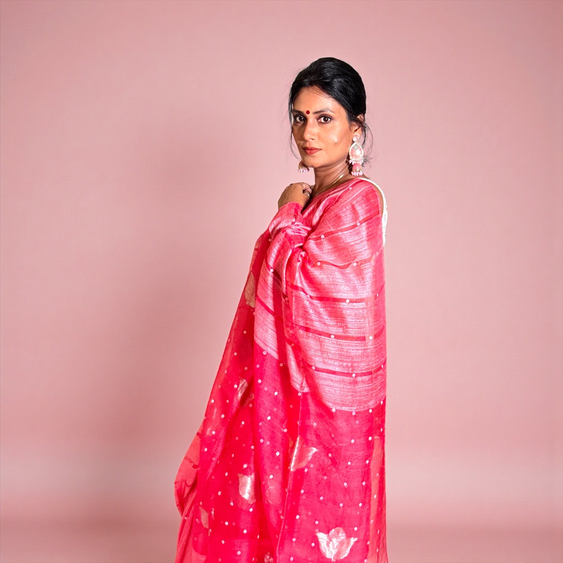 Vermillion Red Matka Muslin silk Handloom Saree woven with sea shell - Rupacj Designs - Luxury Sustainable Indian womenswear | Artisan made | Slow Fashion- Occasion wear| Handcrafted In India