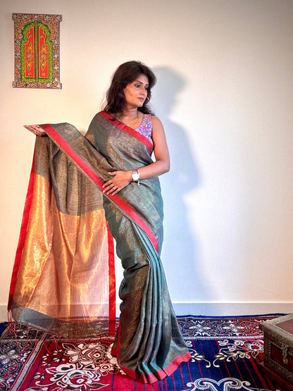 Teal Green tissue linen saree with golden zari pallu - Rupacj Designs - Luxury Sustainable Indian womenswear | Artisan made | Slow Fashion- Occasion wear| Handcrafted In India