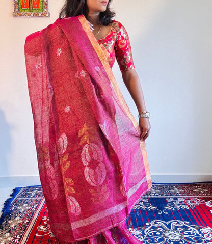 Magenta gold Tissue linen Handloom Jamdani saree - Rupacj Designs - Luxury Sustainable Indian womenswear | Artisan made | Slow Fashion- Occasion wear| Handcrafted In India