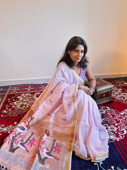 Handwoven Pure linen saree with paithni pallu - Rupacj Designs - Luxury Sustainable Indian womenswear | Artisan made | Slow Fashion- Occasion wear| Handcrafted In India