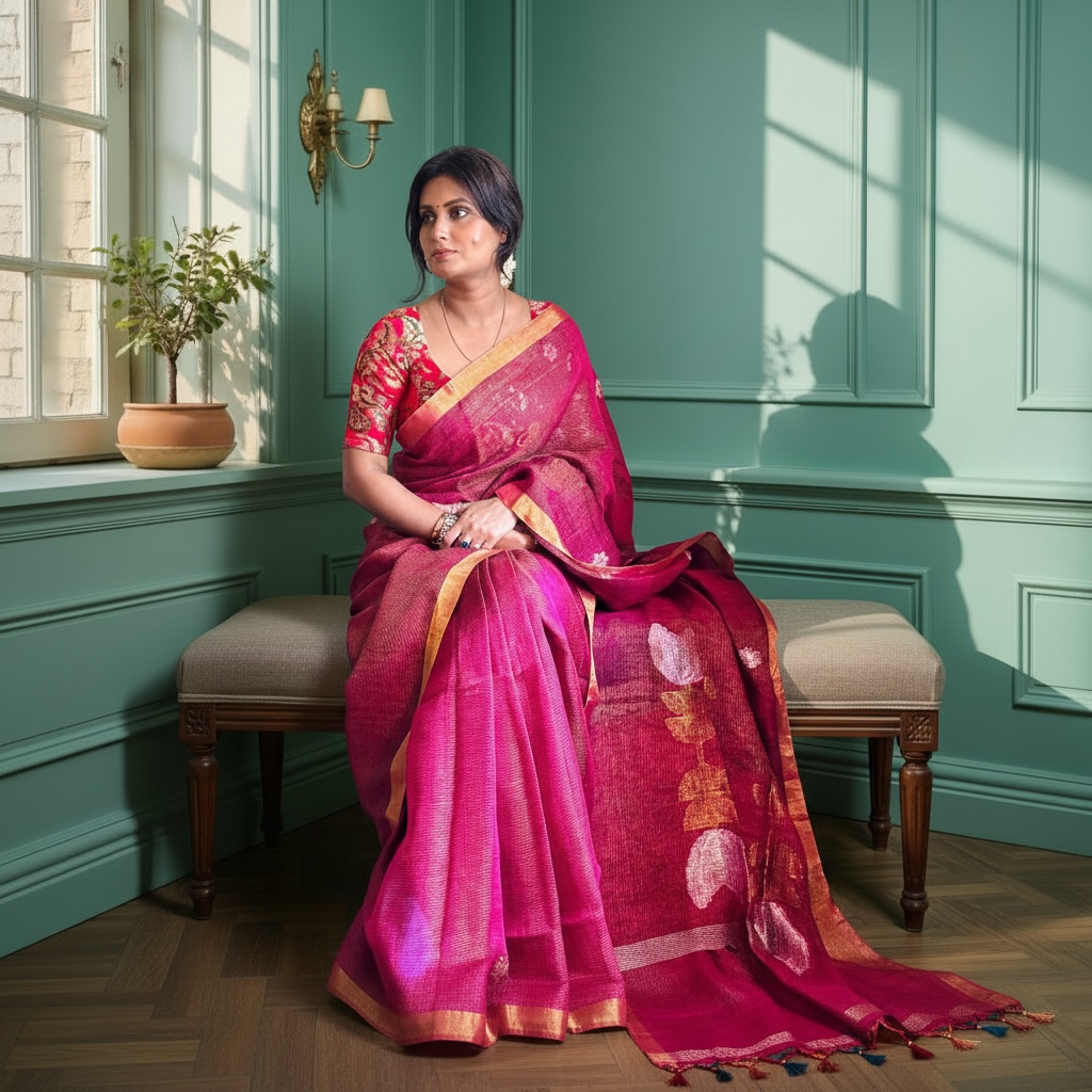 Magenta gold Tissue linen Handloom Jamdani saree - Rupacj Designs - Luxury Sustainable Indian womenswear | Artisan made | Slow Fashion- Occasion wear| Handcrafted In India