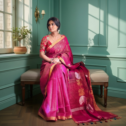 Magenta gold Tissue linen Handloom Jamdani saree - Rupacj Designs - Luxury Sustainable Indian womenswear | Artisan made | Slow Fashion- Occasion wear| Handcrafted In India