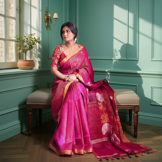 Magenta gold Tissue linen Handloom Jamdani saree