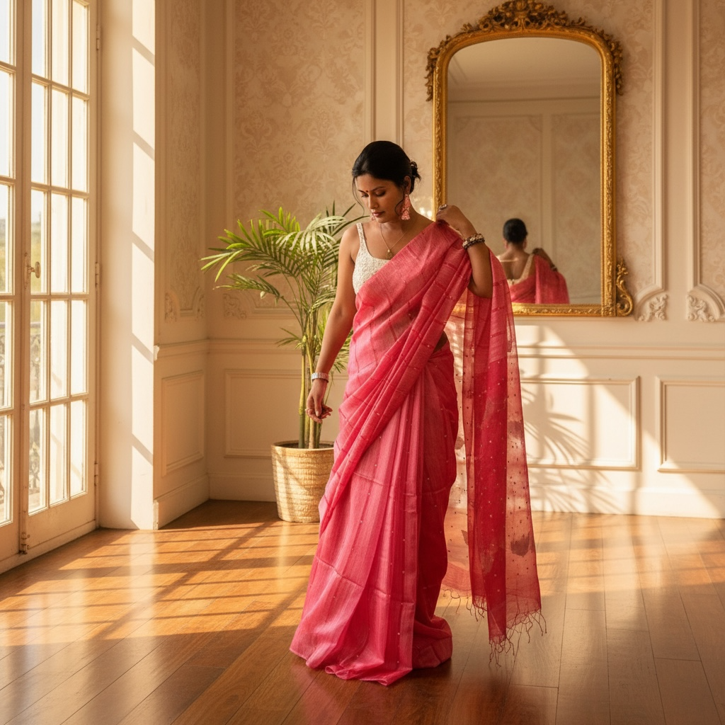 Vermillion Red Matka Muslin silk Handloom Saree woven with sea shell - Rupacj Designs - Luxury Sustainable Indian womenswear | Artisan made | Slow Fashion- Occasion wear| Handcrafted In India