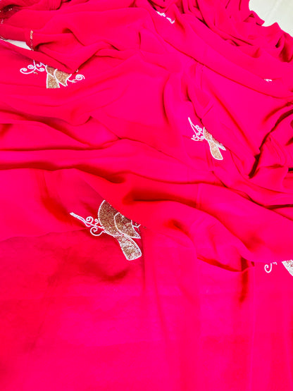 Rani Pink Pure Georgette Hand embroidered Cocktail Saree - Rupacj Designs - Luxury Sustainable Indian womenswear | Artisan made | Slow Fashion- Occasion wear| Handcrafted In India