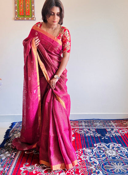 Magenta gold Tissue linen Handloom Jamdani saree - Rupacj Designs - Luxury Sustainable Indian womenswear | Artisan made | Slow Fashion- Occasion wear| Handcrafted In India