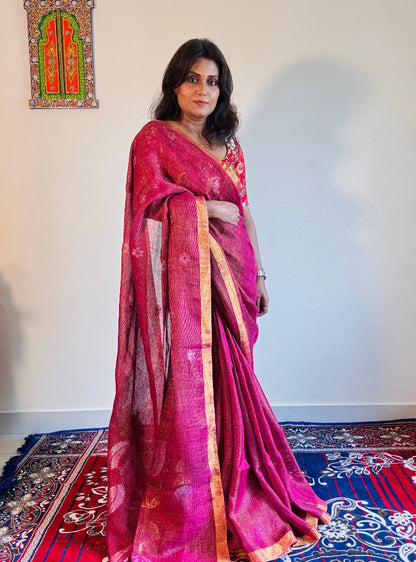 Magenta gold Tissue linen Handloom Jamdani saree - Rupacj Designs - Luxury Sustainable Indian womenswear | Artisan made | Slow Fashion- Occasion wear| Handcrafted In India