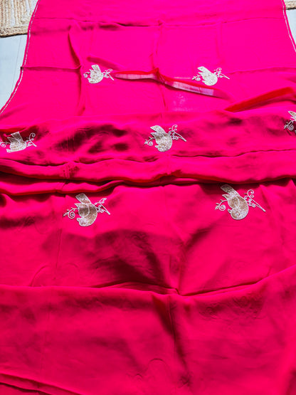 Rani Pink Pure Georgette Hand embroidered Cocktail Saree - Rupacj Designs - Luxury Sustainable Indian womenswear | Artisan made | Slow Fashion- Occasion wear| Handcrafted In India