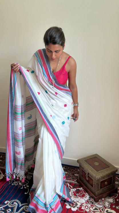 Morni White Handwoven Bhujodi saree - Rupacj Designs - Luxury Sustainable Indian womenswear | Artisan made | Slow Fashion- Occasion wear| Handcrafted In India