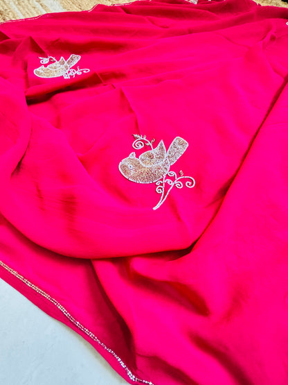Rani Pink Pure Georgette Hand embroidered Cocktail Saree - Rupacj Designs - Luxury Sustainable Indian womenswear | Artisan made | Slow Fashion- Occasion wear| Handcrafted In India