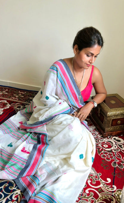 Morni White Handwoven Bhujodi saree - Rupacj Designs - Luxury Sustainable Indian womenswear | Artisan made | Slow Fashion- Occasion wear| Handcrafted In India