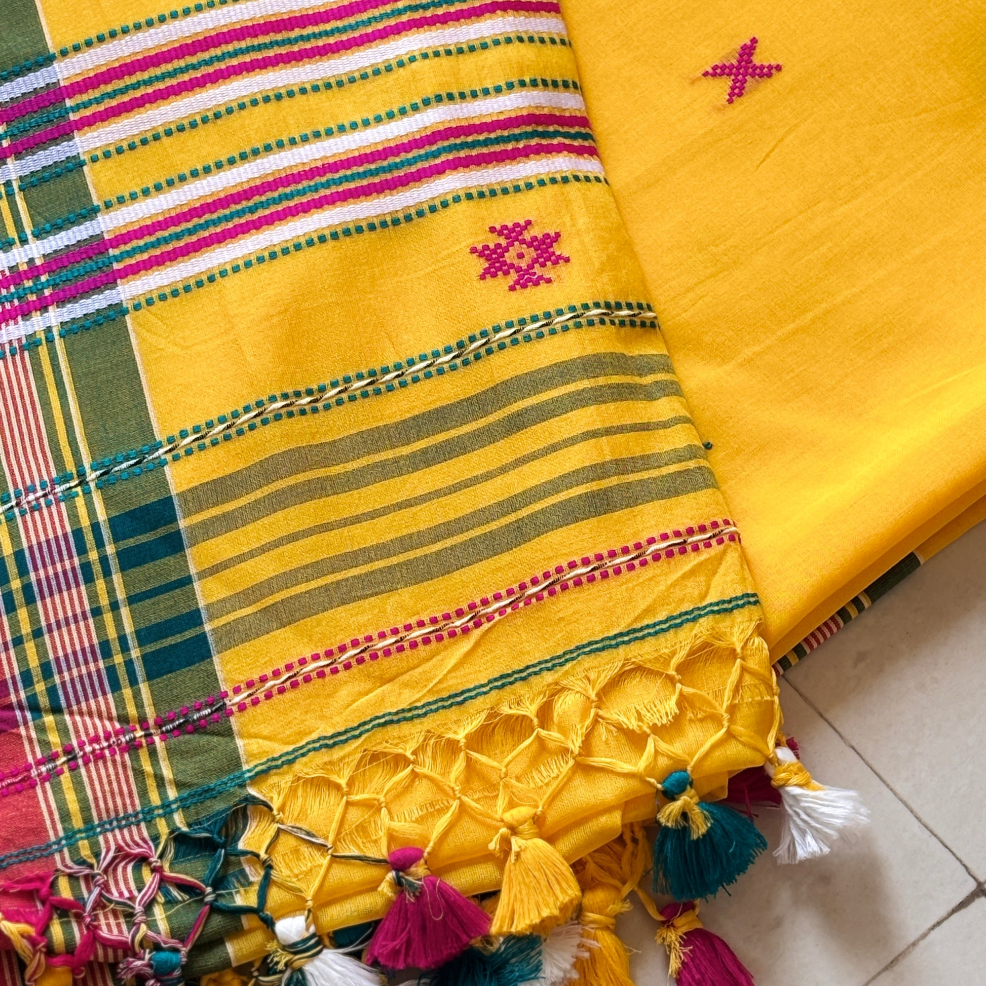 Basanti yellow Mercerised cotton Handloom Bhujodi saree - Rupacj Designs - Luxury Sustainable Indian womenswear | Artisan made | Slow Fashion- Occasion wear| Handcrafted In India