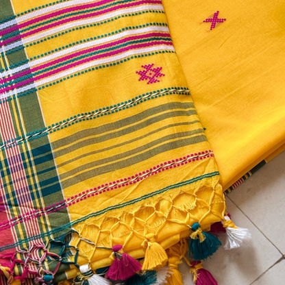 Basanti yellow Mercerised cotton Handloom Bhujodi saree - Rupacj Designs - Luxury Sustainable Indian womenswear | Artisan made | Slow Fashion- Occasion wear| Handcrafted In India