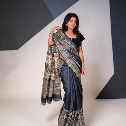 Black Beauty Pure Tussar silk Hand block printed