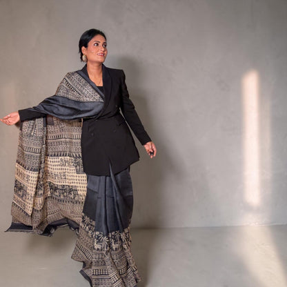 Black Beauty Pure Tussar silk Hand block printed