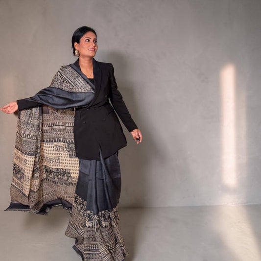 Black Beauty Pure Tussar silk Hand block printed