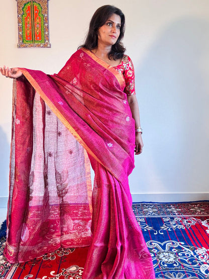 Magenta gold Tissue linen Handloom Jamdani saree - Rupacj Designs - Luxury Sustainable Indian womenswear | Artisan made | Slow Fashion- Occasion wear| Handcrafted In India