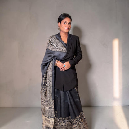 Black Beauty Pure Tussar silk Hand block printed