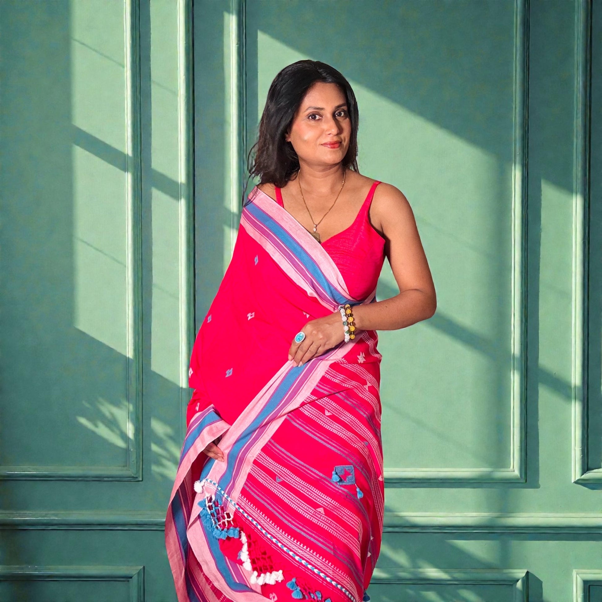 Rani pink Mercerised cotton Heavy Bhujodi Handloom saree - Rupacj Designs - Luxury Sustainable Indian womenswear | Artisan made | Slow Fashion- Occasion wear| Handcrafted In India