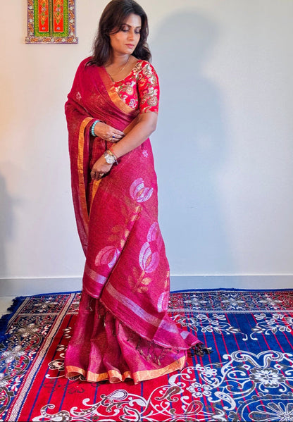 Magenta gold Tissue linen Handloom Jamdani saree - Rupacj Designs - Luxury Sustainable Indian womenswear | Artisan made | Slow Fashion- Occasion wear| Handcrafted In India