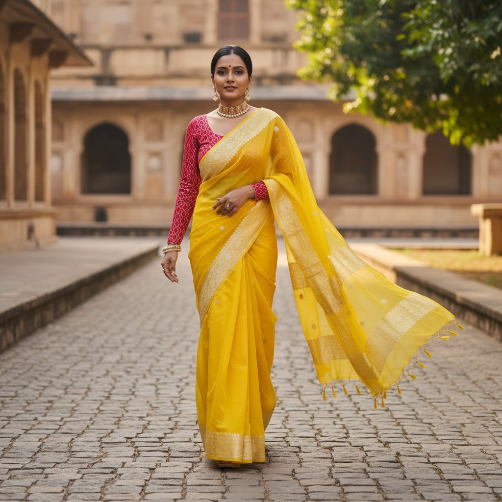 Marigold Chiffon Banarasi Handloom Saree