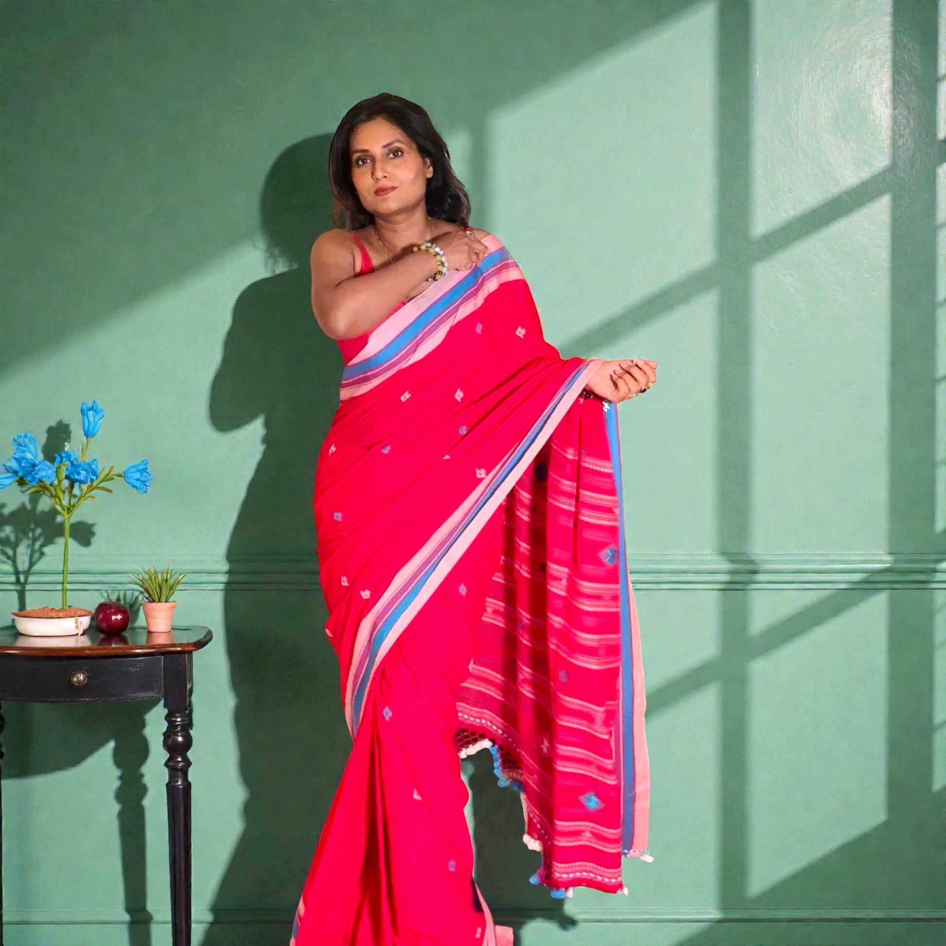 Rani pink Mercerised cotton Heavy Bhujodi Handloom saree - Rupacj Designs - Luxury Sustainable Indian womenswear | Artisan made | Slow Fashion- Occasion wear| Handcrafted In India