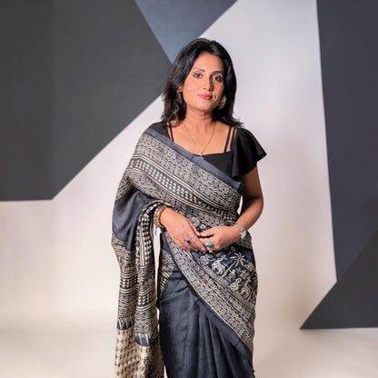 Black Beauty Pure Tussar silk Hand block printed