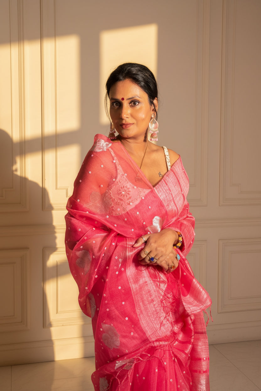 Vermillion Red Matka Muslin silk Handloom Saree woven with sea shell - Rupacj Designs - Luxury Sustainable Indian womenswear | Artisan made | Slow Fashion- Occasion wear| Handcrafted In India
