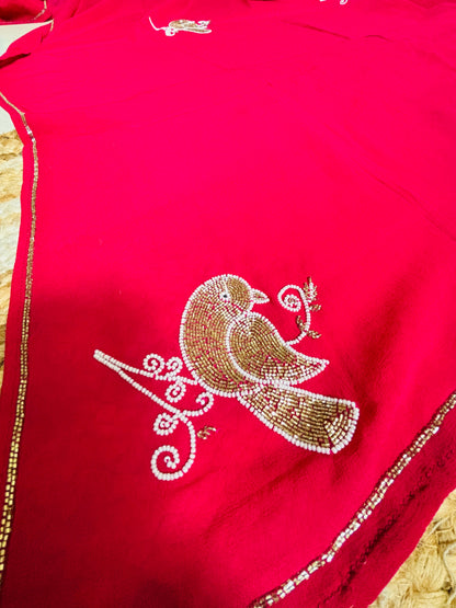 Rani Pink Pure Georgette Hand embroidered Cocktail Saree - Rupacj Designs - Luxury Sustainable Indian womenswear | Artisan made | Slow Fashion- Occasion wear| Handcrafted In India