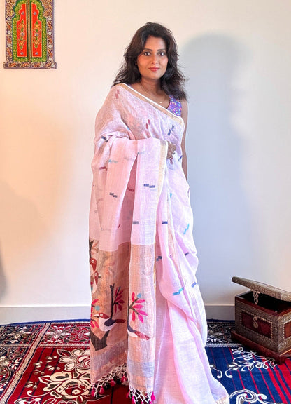 Handwoven Pure linen saree with paithni pallu - Rupacj Designs - Luxury Sustainable Indian womenswear | Artisan made | Slow Fashion- Occasion wear| Handcrafted In India