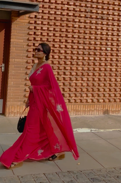 Rani Pink Pure Georgette Hand embroidered Cocktail Saree - Rupacj Designs - Luxury Sustainable Indian womenswear | Artisan made | Slow Fashion- Occasion wear| Handcrafted In India