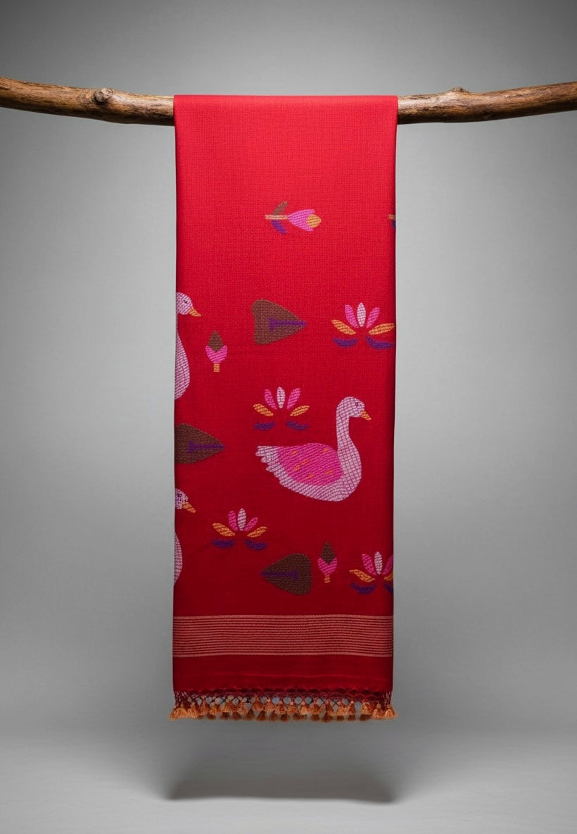 Vermilion Red Pure linen Jamdani Handloomsaree - Rupacj Designs - Luxury Sustainable Indian womenswear | Artisan made | Slow Fashion- Occasion wear| Handcrafted In India