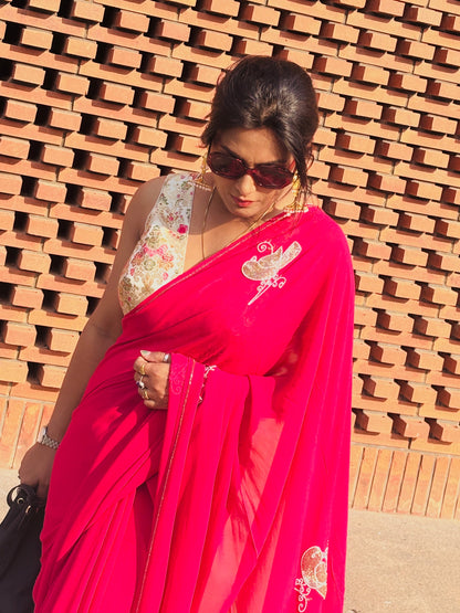 Rani Pink Pure Georgette Hand embroidered Cocktail Saree - Rupacj Designs - Luxury Sustainable Indian womenswear | Artisan made | Slow Fashion- Occasion wear| Handcrafted In India