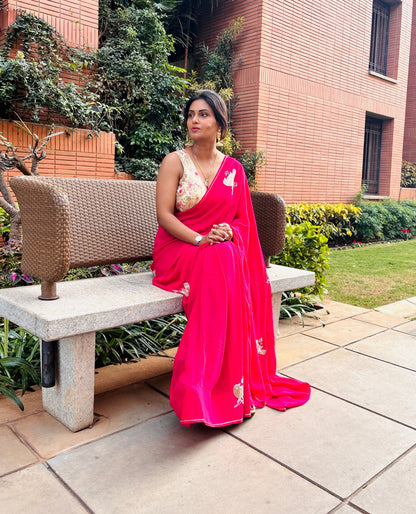 Rani Pink Pure Georgette Hand embroidered Cocktail Saree - Rupacj Designs - Luxury Sustainable Indian womenswear | Artisan made | Slow Fashion- Occasion wear| Handcrafted In India
