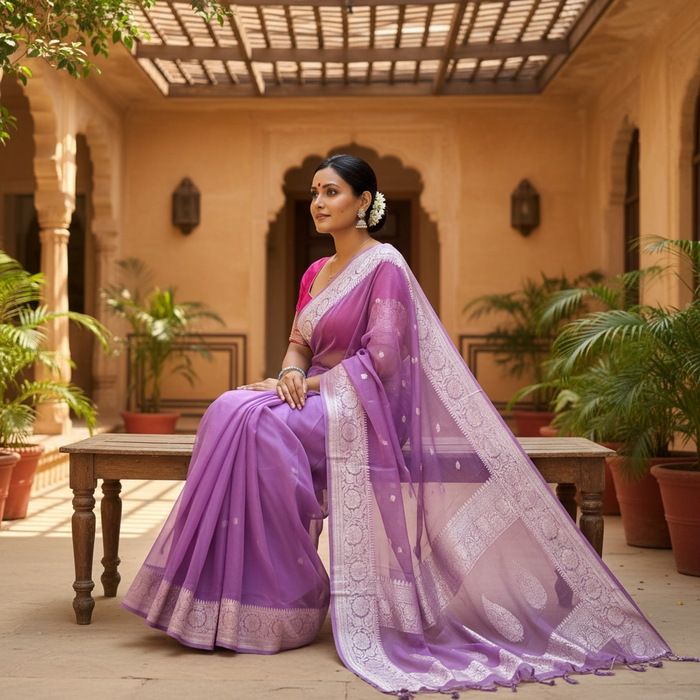 Periwinkle Chiffon Handloom Banarasi Saree