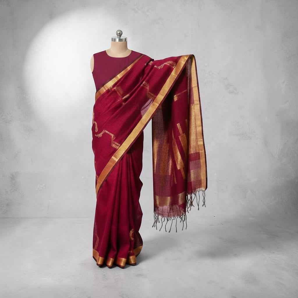 Mroon Linen Handloom Jamdani Saree