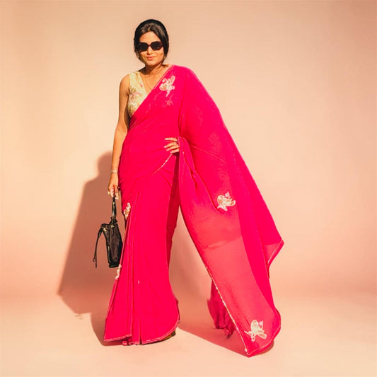 Rani Pink Pure Georgette Hand embroidered Cocktail Saree RupaCJ Designs