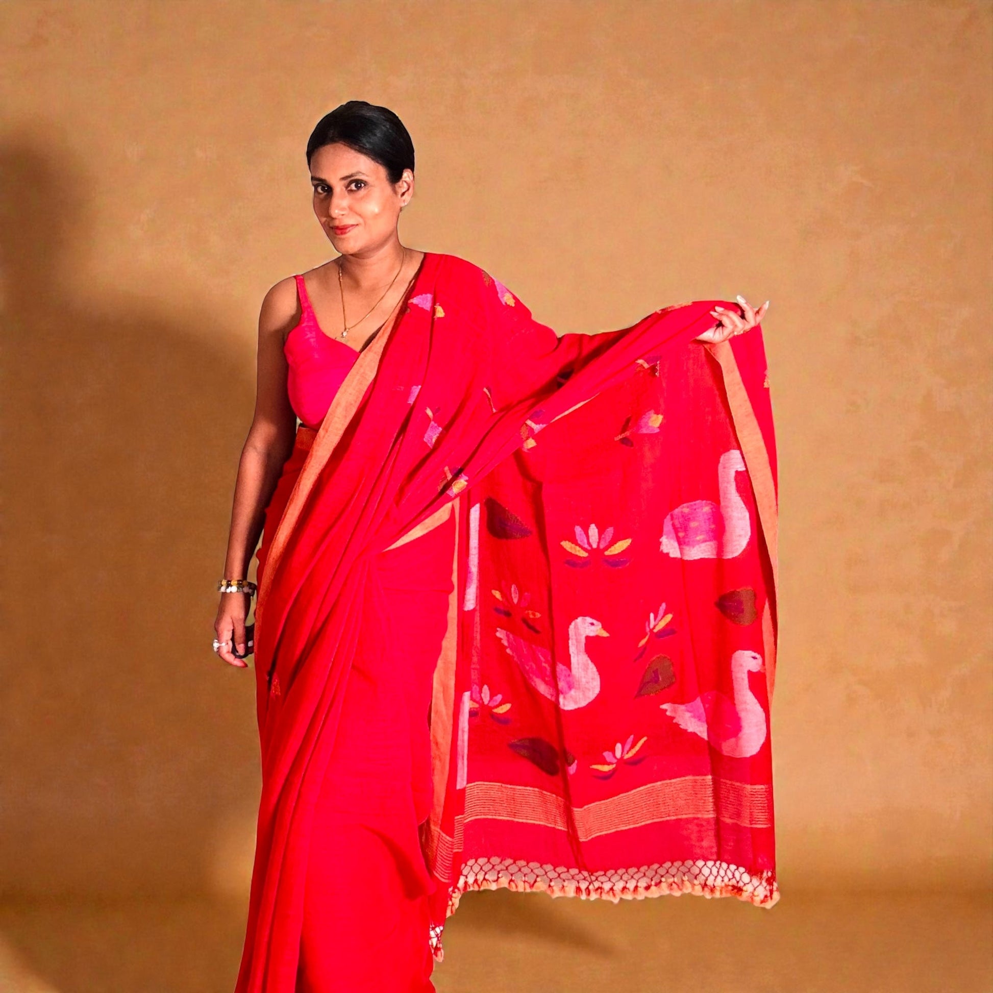 Vermilion Red Pure linen Jamdani Handloomsaree - Rupacj Designs - Luxury Sustainable Indian womenswear | Artisan made | Slow Fashion- Occasion wear| Handcrafted In India