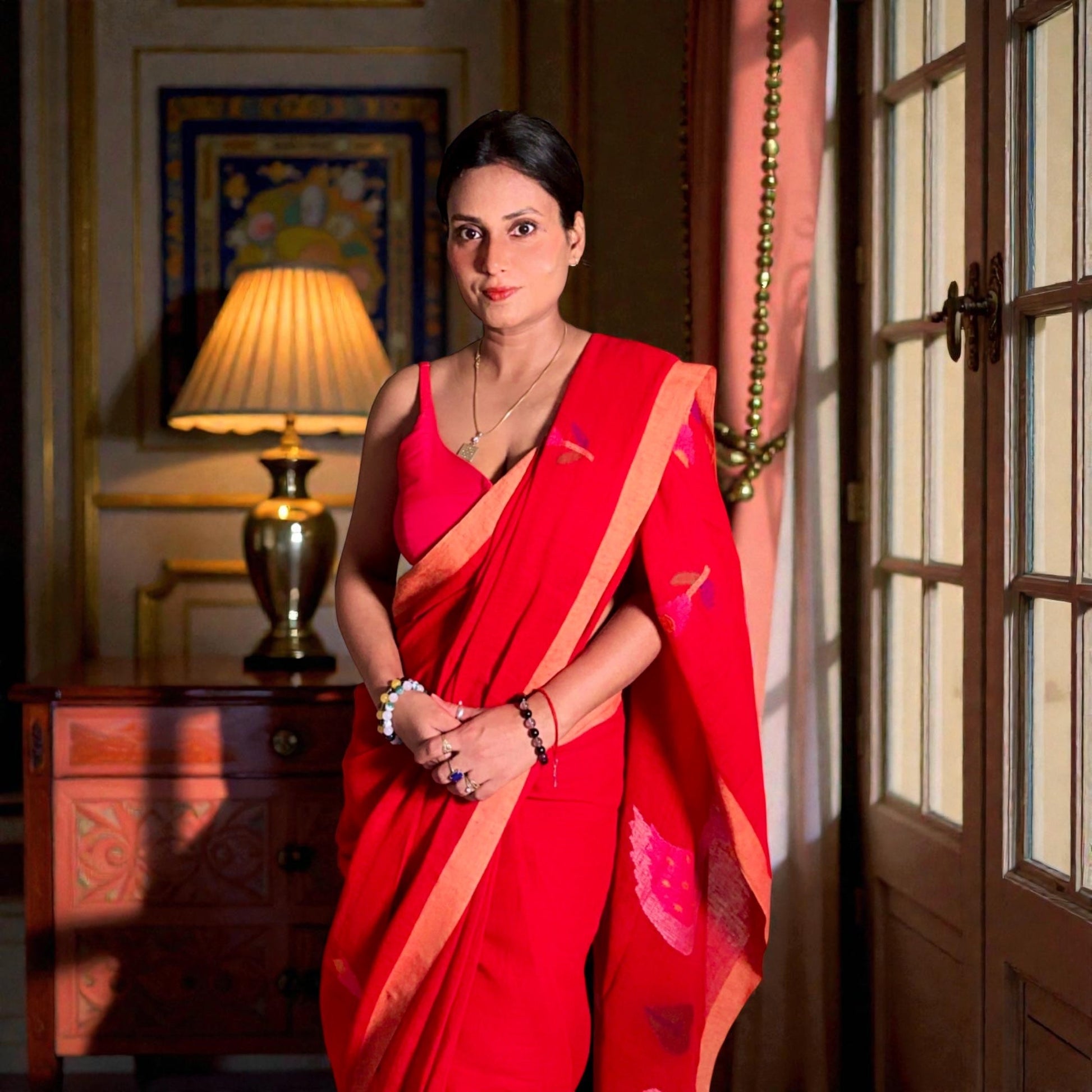 Vermilion Red Pure linen Jamdani Handloomsaree - Rupacj Designs - Luxury Sustainable Indian womenswear | Artisan made | Slow Fashion- Occasion wear| Handcrafted In India