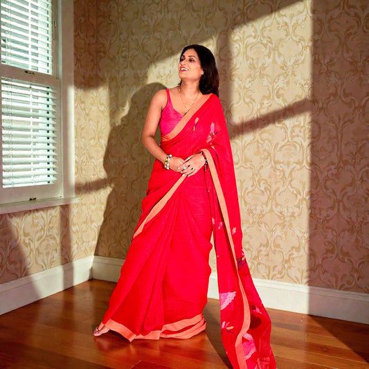 Vermilion Red Pure linen Jamdani Handloomsaree