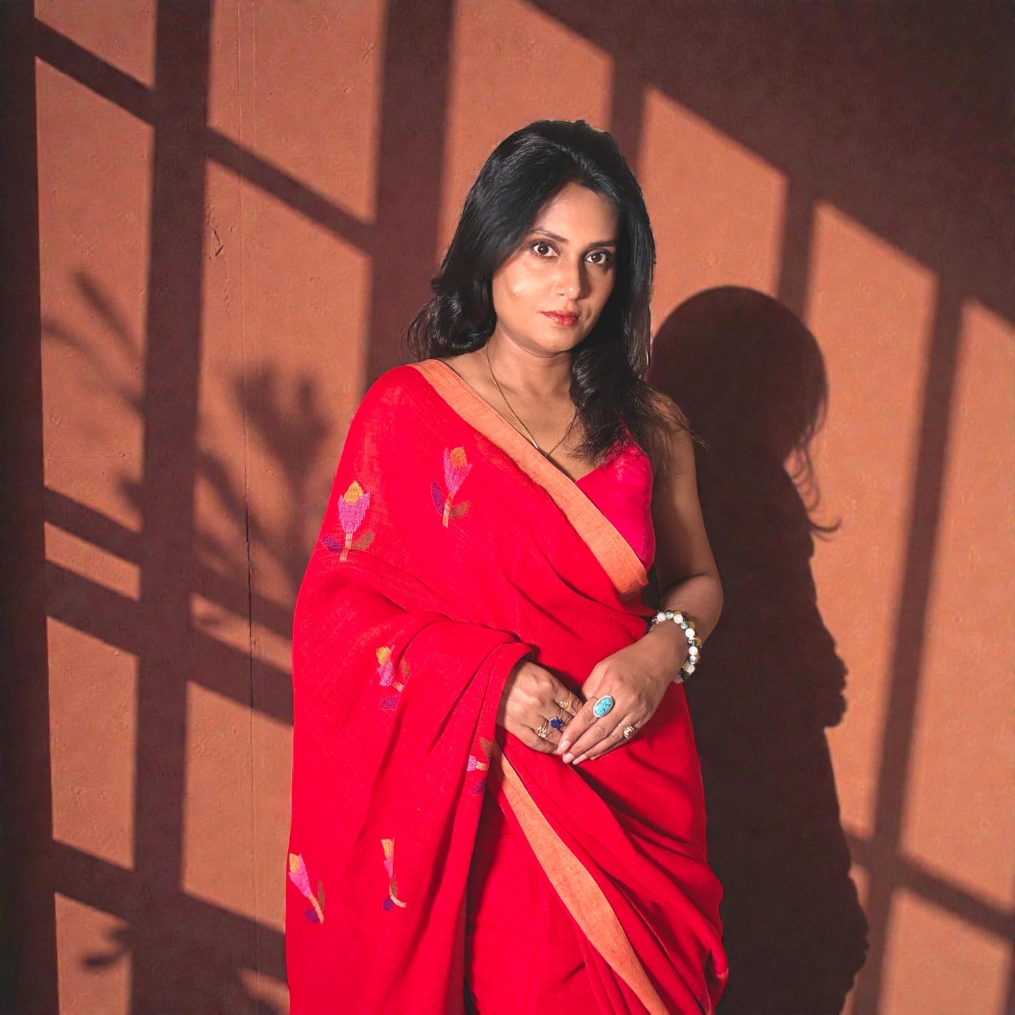 Vermilion Red Pure linen Jamdani Handloomsaree - Rupacj Designs - Luxury Sustainable Indian womenswear | Artisan made | Slow Fashion- Occasion wear| Handcrafted In India