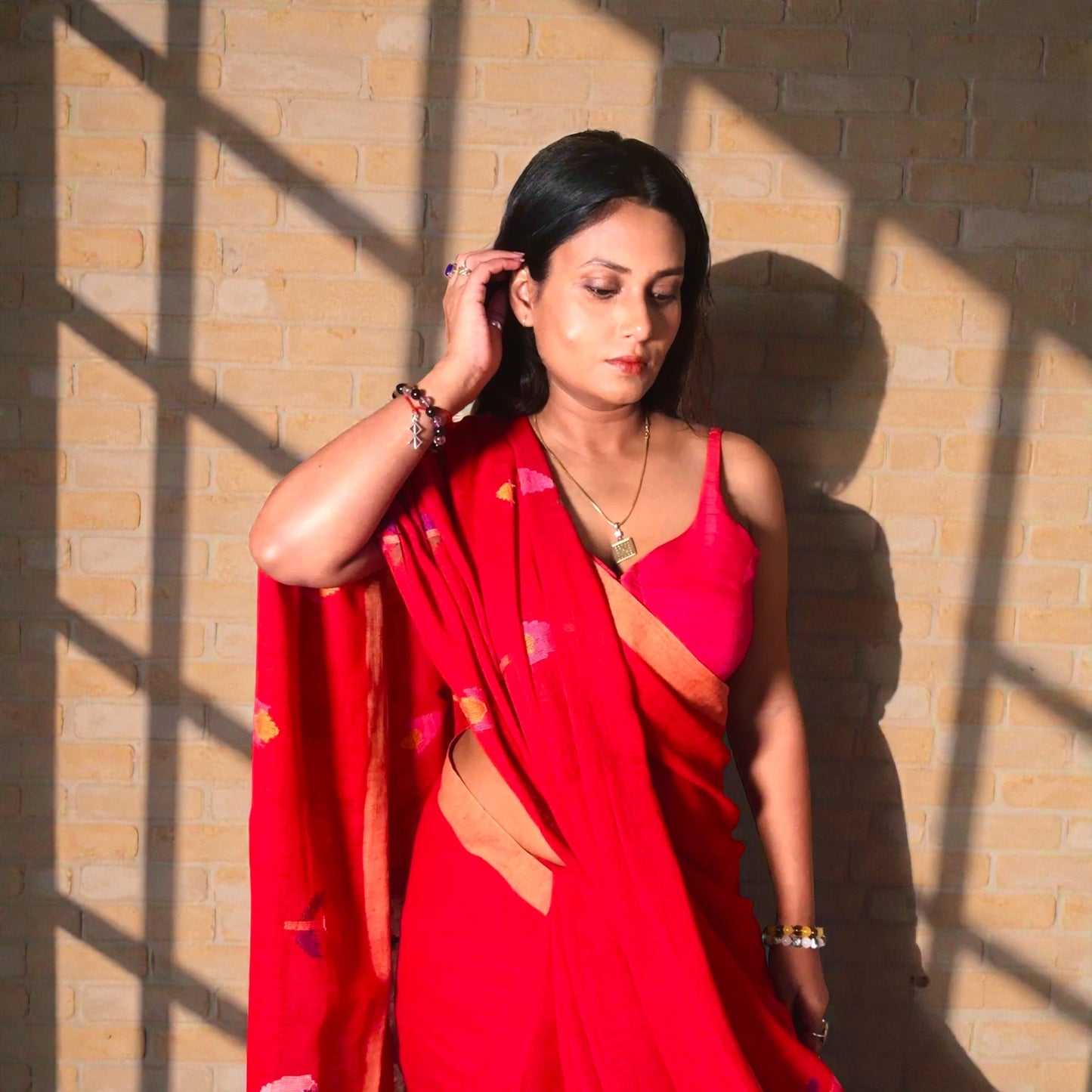 Vermilion Red Pure linen Jamdani Handloomsaree - Rupacj Designs - Luxury Sustainable Indian womenswear | Artisan made | Slow Fashion- Occasion wear| Handcrafted In India
