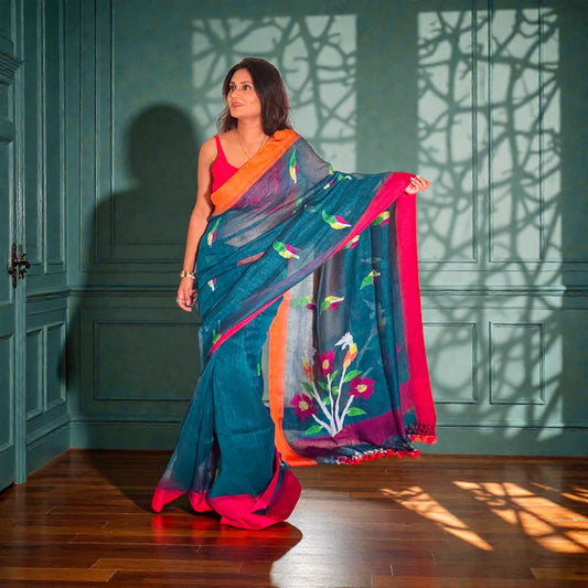 peacock Handwoven Pure linen Jamdani saree
