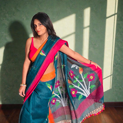 peacock Handwoven Pure linen Jamdani saree - Rupacj Designs - Luxury Sustainable Indian womenswear | Artisan made | Slow Fashion- Occasion wear| Handcrafted In India