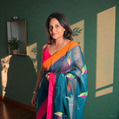 peacock Handwoven Pure linen Jamdani saree - Rupacj Designs - Luxury Sustainable Indian womenswear | Artisan made | Slow Fashion- Occasion wear| Handcrafted In India