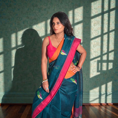 peacock Handwoven Pure linen Jamdani saree - Rupacj Designs - Luxury Sustainable Indian womenswear | Artisan made | Slow Fashion- Occasion wear| Handcrafted In India