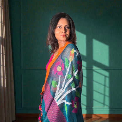 peacock Handwoven Pure linen Jamdani saree - Rupacj Designs - Luxury Sustainable Indian womenswear | Artisan made | Slow Fashion- Occasion wear| Handcrafted In India