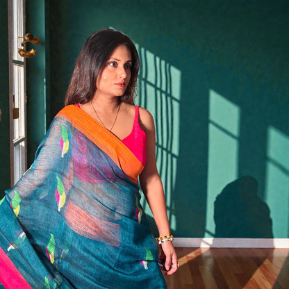 peacock Handwoven Pure linen Jamdani saree - Rupacj Designs - Luxury Sustainable Indian womenswear | Artisan made | Slow Fashion- Occasion wear| Handcrafted In India