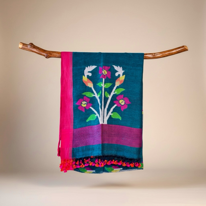 peacock Handwoven Pure linen Jamdani saree - Rupacj Designs - Luxury Sustainable Indian womenswear | Artisan made | Slow Fashion- Occasion wear| Handcrafted In India