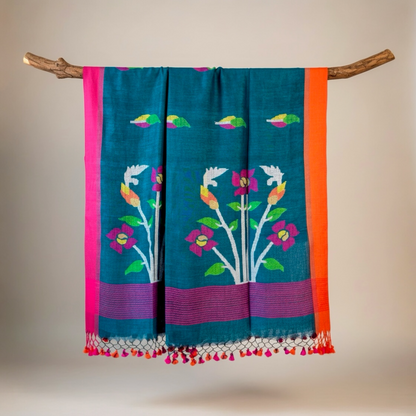 peacock Handwoven Pure linen Jamdani saree - Rupacj Designs - Luxury Sustainable Indian womenswear | Artisan made | Slow Fashion- Occasion wear| Handcrafted In India